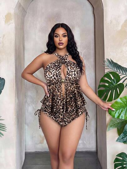 Slaydiva 2026 New Women's Spring/Summer Leopard Print Spaghetti Strap Plus Size Swimsuit Set