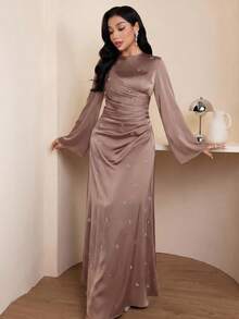 Veilorie Đầm nữ màu trơn cổ tròn tay loe xếp ly thanh lịch - Bụi hồng - Xem 5