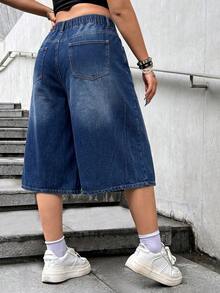 Dripcurv Plus Size Casual Loose Summer Washed Slant Pocket Wide Leg Cropped Jeans - Dark Wash - View 2