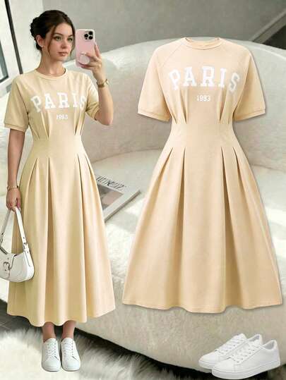 SHEIN Casual Urban Korean Style Waist Cinched Knit Letter Print American Dress, Suitable For Outings And Home Wear, For Young Women