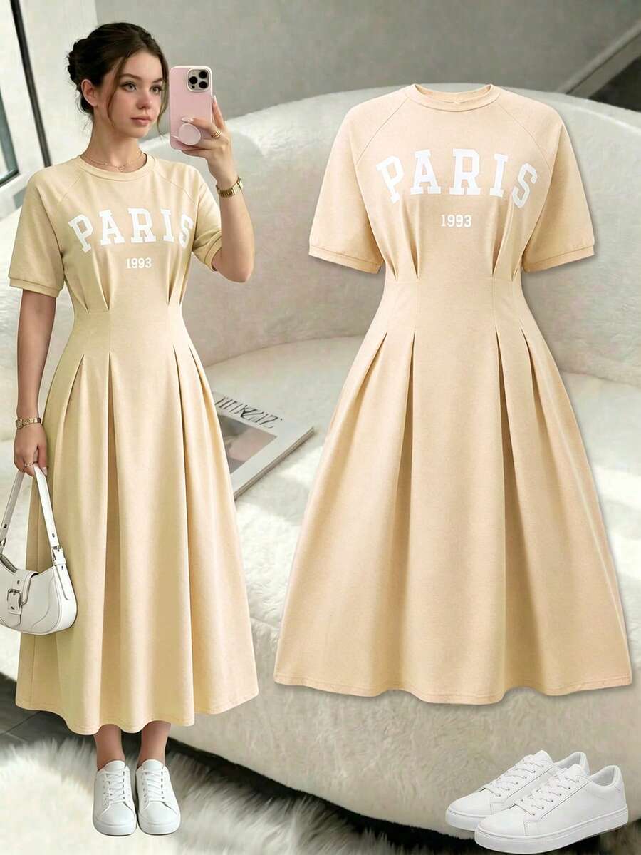 SHEIN 休闲都市韩风收腰针织字母印花美式连衣裙,适合外出和居家穿着,适合青少年女孩 - 卡其色 - 查看 1