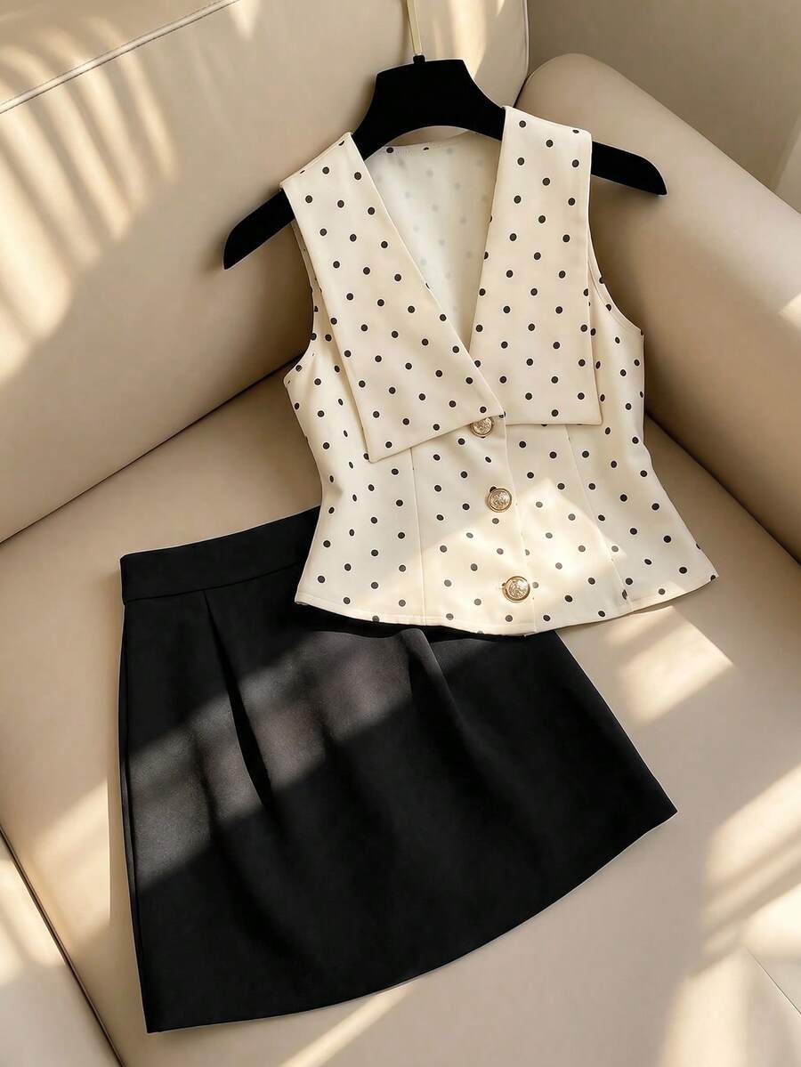 SHEIN Franclia 女士两件套波点无袖V领上衣和迷你裙套装，休闲日常/派对/生日装，夏秋季，纽扣腰部设计，显瘦时尚 - 彩色 - 查看 1