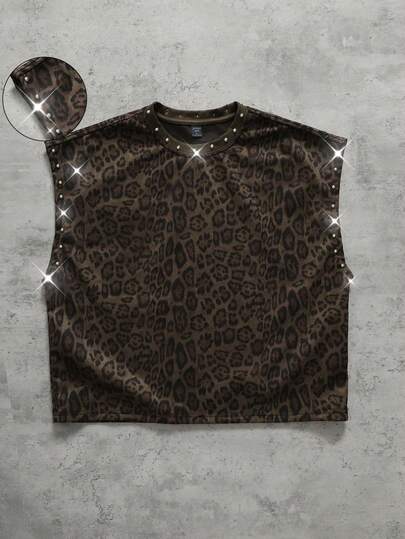 ROMWE MEN Men's Suede Fabric Rivet Decor Leopard Print Loose Fit Vest