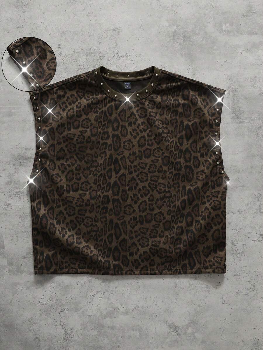 ROMWE MEN Men's Suede Fabric Rivet Decor Leopard Print Loose Fit Vest - Brown - View 1