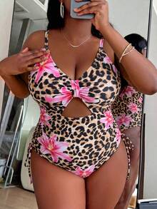 Slaydiva Plus Size Leopard & Floral Print One-Piece Swimsuit - Multicolor - View 5