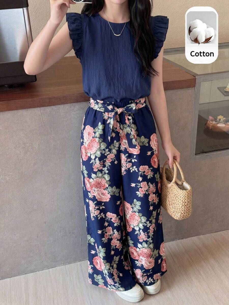 SHEIN Conjunto de top de tirantes con estampado floral y pantalones de pierna ancha para adolescentes, conjunto informal de verano para vacaciones, 2 piezas - azul real - Ver 1