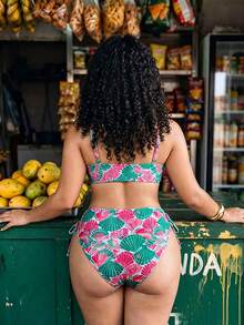 Swim Vcay Maillot de bain bikini triangle 2 pièces pour femmes grandes tailles, imprimé floral, bretelles spaghetti, nœud devant - Multicolore - Voir 2
