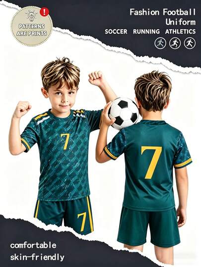2pcs/Set Young Boys' Sports Gradient Color Block #7 Jersey Print Short Sleeve T-Shirt And Shorts Set, Suitable For Outdoor Summer