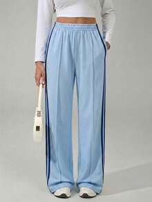 SHEIN Tall Women's Elastic Waist Side Stripe Wide Leg Loose Casual Sweatpants,Back To School, Tall Women - Blue - View 3