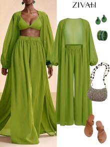 Conjunto de camisa y pantalones de playa elegante y casual para vacaciones 2026 - Verde Limelight - Ver 8