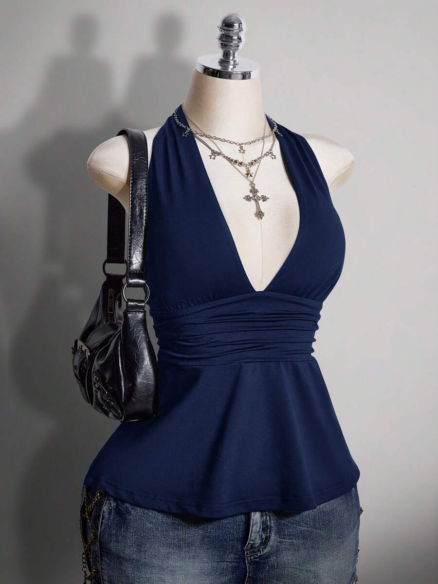SHEIN ICON Áo camisole chấm bi dáng chữ A hở lưng cổ chữ V, cỡ lớn, kiểu retro Y2K, áo camisole chấm bi cổ yếm hở lưng. - Màu xanh hải quân - Xem 1