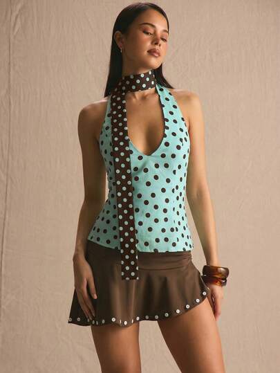 MUSERA Polka Dot Halterneck Tie Wrap Flowy Top Spring Summer Cosy Cute Daily Girly Vacation Sunlight Social Festival Holiday