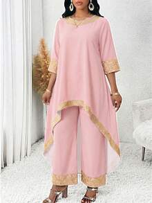 SHEIN Lady Conjunto de 2 piezas de top largo bordado y pantalones talla grande, color rosa loto - Rosa vieja - Ver 3