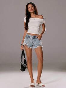 TRNVIE Quần short denim cạp thấp, phong cách đường phố thường ngày, rách gấu, thời trang. - Rửa nhẹ - Xem 3