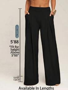 SHEIN Tall CURVE 大码女式高腰褶裥口袋纯色休闲裤 - 黑色 - 查看 2
