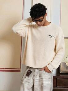 SWAVVY Men's Casual Embroidered Drop Shoulder Long Sleeve Sweater - Beige - View 4