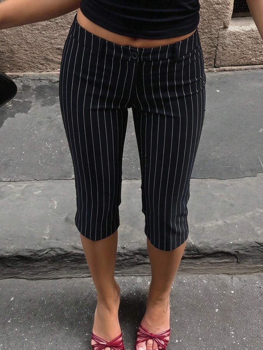 SHEIN EZwear 女士黑色条纹修身七分裤 - 黑色 - 查看 1