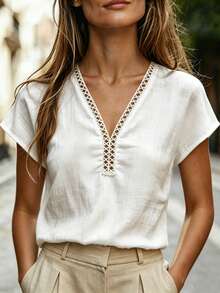 SHEIN Holidaya EMERY ROSE Breezaya Women's Off-White Summer Casual Vacation V-Neck Shirt,Elegant Spliced Lace Trim Bamboo Texture Drop Shoulder Blouse Commute Tops - White - View 5