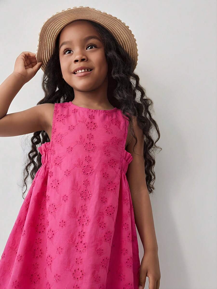 Maija Kids Maija Kids Young Girl's Casual Sleeveless Hollow-Out Embroidered Waist Gathering Dress,Cerise Pink,Summer,Matching,Family Vacation,Holiday,Birthday Outfit,Pink - Pink - View 1