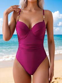 Swim SXY 女款金屬仿珍珠裝飾抓皺連身泳衣 - 酒紅色 - 查看 6