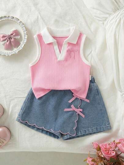SHEIN Bộ đồ mùa hè cho bé gái gồm áo vest cổ bẻ phối màu tương phản và chân váy/quần họa tiết bướm.