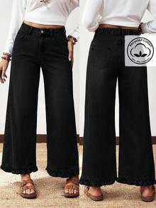 EMERY ROSE Plus Size Women Street Casual Comfortable Mid-Blue Non-Stretch Ruffle Hem Straight Leg Jeans - Black - View 1