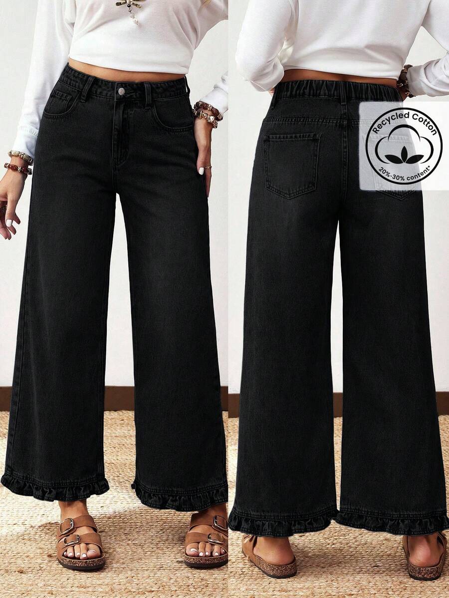 EMERY ROSE Plus Size Women Street Casual Comfortable Mid-Blue Non-Stretch Ruffle Hem Straight Leg Jeans - Black - View 1