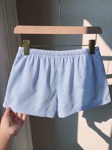 Franclia Quần short kẻ sọc mới cho nữ mùa xuân/hè, cạp thấp thắt nơ, họa tiết sao biển, kiểu dáng thanh lịch, thường ngày, lãng mạn. - Màu xanh nhạt - Xem 2