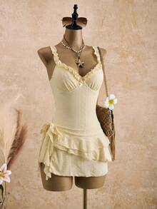 Bellisia Women's Ivory Lace Trim Vacation Skirt Set - Pale Yellow - View 5