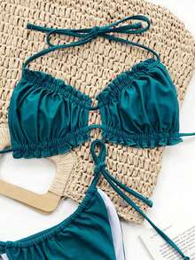 Swim Basics Summer Beach Frill Trim Halter Bikini Top - Teal Blue - View 5