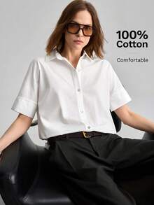 Ontre 2026SS New Women's Blouse Loose Fit Solid White Top Minimalist Elegant Urban Modern Button Design Neutral Apparel Women's Casual Wear Vacation Holiday Attire Old Money Style Tea Party Casual Commute Office Wear Teacher Back To School Fashion Versatile Women's Shirt - White - View 5