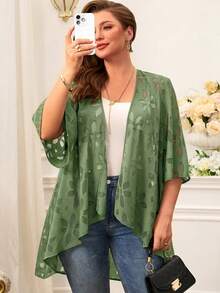 Miaspire Plus Size Solid Color Asymmetric Hem Casual Loose Jacket, Spring/Summer - Green - View 4