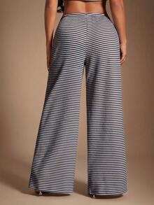 Radiana Women's Blue Striped Wide Leg Pants With Drawstring Waist And Side Pockets Casual And Comfortable Lounge Bottoms - Blue - View 4