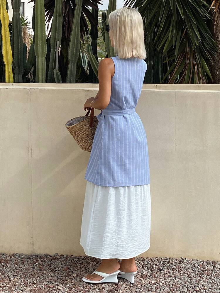 Spring & Summer Fashion Blue & White Striped Flowy Midi Dress For Women