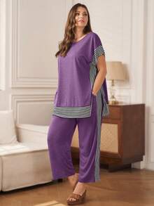Rosumi Plus Size Striped Patchwork T-Shirt + Pants, White 2 Pieces Set Lounge Vacation Summer - Purple - View 4