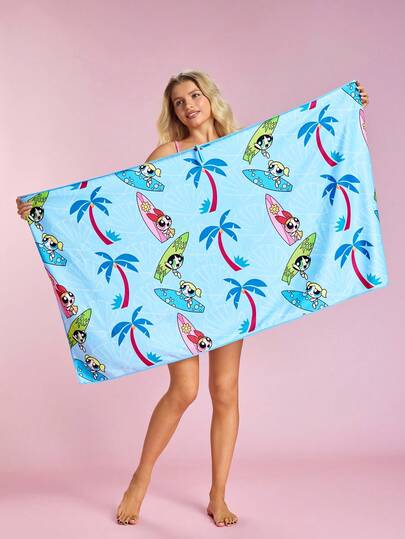 THE POWERPUFF GIRLS X SHEIN 1 miếng bọt biển hoạt hình, khăn tắm in hình, khăn tắm biển, có thể dùng ở bãi biển, khăn bơi.