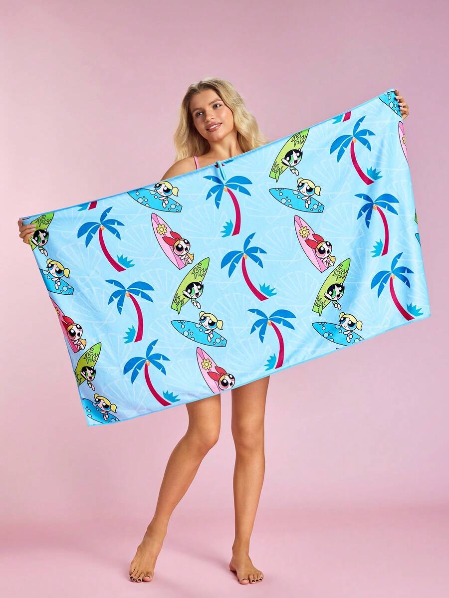 THE POWERPUFF GIRLS X SHEIN 1 miếng bọt biển hoạt hình, khăn tắm in hình, khăn tắm biển, có thể dùng ở bãi biển, khăn bơi. - Màu xanh lam - Xem 1