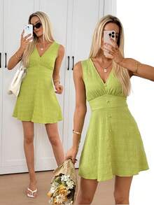 Easowa Lime Green Sleeveless A-Line Mini Dress, Elegant Vacation Ladies Short Dress Women's Sleeveless V Neck Pleated A Line Short Dress In Vibrant Perfect For Summer Chic Women's V Neck Sleeveless Mini Dress With Button Detail And Pleated Skirt Dress Wedding Guest Brunch Dress For Women Beach Dress Vacation Outfits Women Women Dress Picnic Outfits For Women Dresses New Arrival Dress For Women Casual Mother's Day Beach Outfits For Women Vacation Outfits Women - Green - View 1