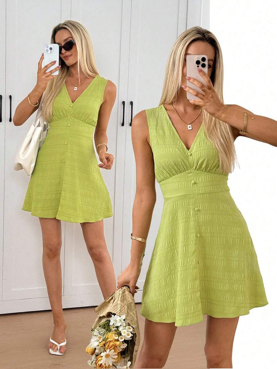 Easowa Lime Green Sleeveless A-Line Mini Dress, Elegant Vacation Ladies Short Dress Women's Sleeveless V Neck Pleated A Line Short Dress In Vibrant Perfect For Summer Chic Women's V Neck Sleeveless Mini Dress With Button Detail And Pleated Skirt Dress Wedding Guest Brunch Dress For Women Beach Dress Vacation Outfits Women Women Dress Picnic Outfits For Women Dresses New Arrival Dress For Women Casual Mother's Day Beach Outfits For Women Vacation Outfits Women - Green - View 1