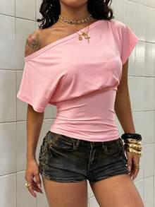 StreetHx Women's Spring/Autumn Asymmetrical Shoulder Short Sleeve Fitted White T-Shirt - Pink - View 5