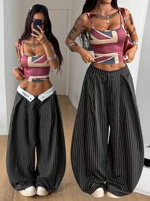 SHEIN Tall CURVE CURVE Plu Black And White Printed Slim Pants Autumn Casual 80s Cow Girl Cowboy Grunge 90s Streetwear Elegant Summer Retro Cuffed Back-To-School Formal - Black - View 4