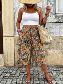 Breezaya Plus Size Women Allover Print Pocket Casual Versatile Daily Wear Pants - Green - View 7