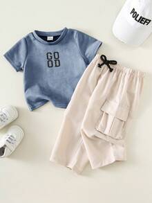 SHEIN 2pcs/Set Baby Boy Casual Letter Print Short Sleeve T-Shirt Top And Wide Leg Pants Set, Summer & Spring - Multicolor - View 1