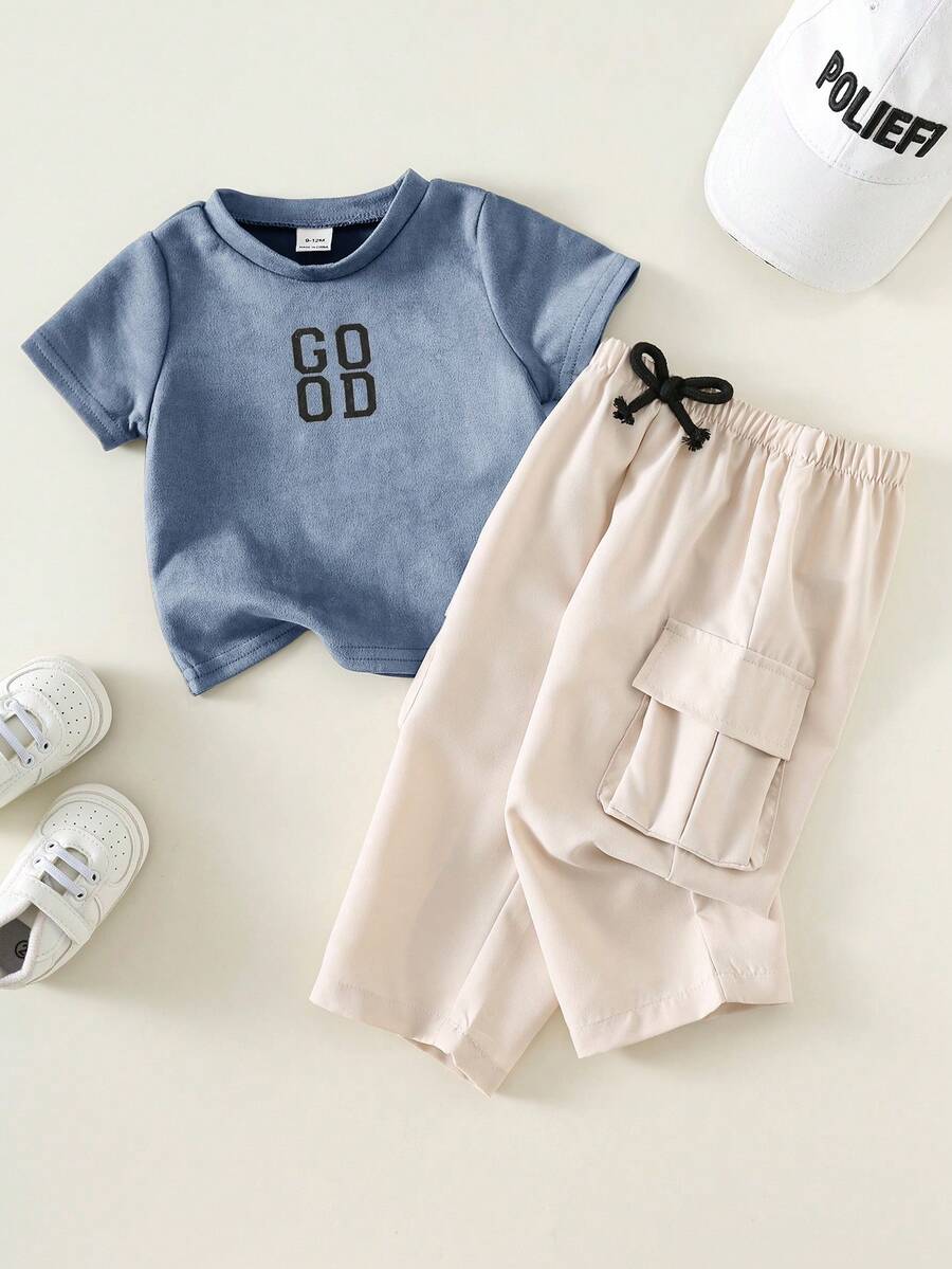 SHEIN 2pcs/Set Baby Boy Casual Letter Print Short Sleeve T-Shirt Top And Wide Leg Pants Set, Summer & Spring - Multicolor - View 1