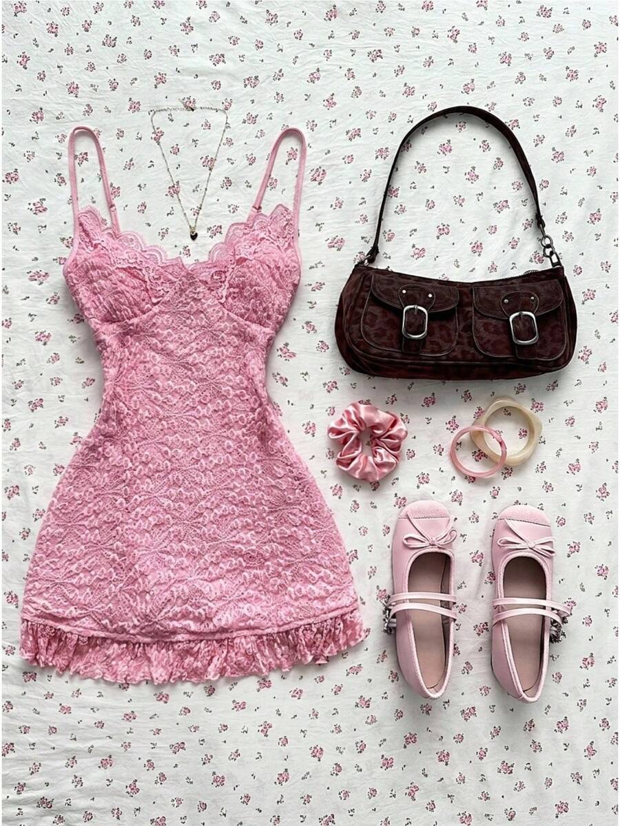 Elamini Women's Lace Patchwork Sexy Waist Cinching Date Party Slip Dress - Pink - View 1