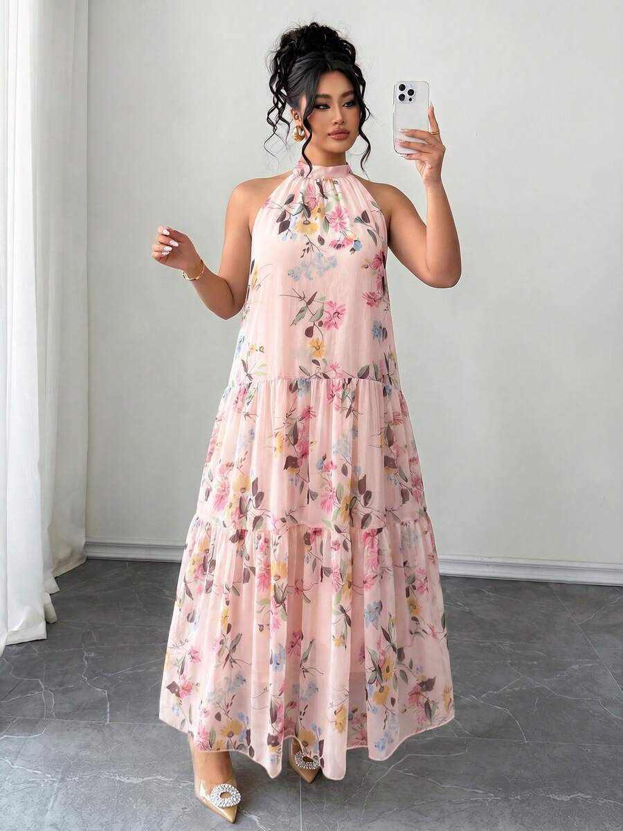 Elenzga Đầm maxi hoa mùa hè cỡ lớn, đầm dự tiệc cưới bãi biển xếp tầng cổ yếm, đầm maxi cổ yếm hoa phong cách boho cỡ lớn, đầm maxi mùa hè đi biển không tay xếp tầng dành cho nữ, đầm maxi cổ yếm hoa cỡ lớn, đầm maxi phong cách boho không tay xếp tầng, trang phục nghỉ hè cỡ lớn dành cho nữ. - Nhiều màu - Xem 1