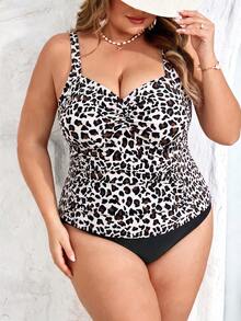 SHEIN CURVE+ Bộ đồ bơi tankini 2 mảnh in họa tiết dành cho nữ cỡ lớn, bikini hở lưng, thích hợp cho kỳ nghỉ hè. - Màu be - Xem 6