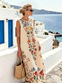 SHEIN Holidaya Đầm maxi dài không tay cổ tròn in hoa màu mơ mới cho nữ mùa hè 2026, kiểu dáng thanh lịch, rộng rãi, thoải mái cho kỳ nghỉ đi biển. - Màu be - Xem 6