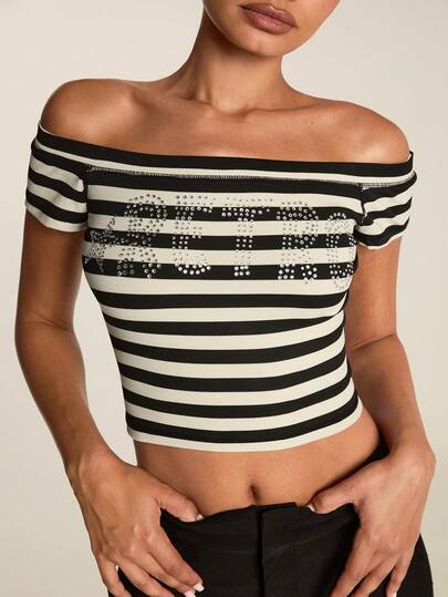 SHEIN BAE Women's High Stretch Striped Off-Shoulder T-Shirt