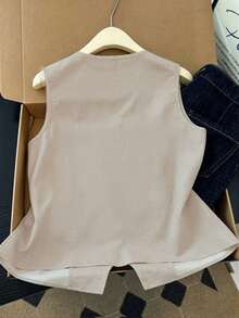 SHEIN CURVE+ Áo khoác ngoài và áo tank top dệt in họa tiết thời trang mới cho mùa hè dành cho nữ, thích hợp cho trang phục đi biển. - Màu be - Xem 2